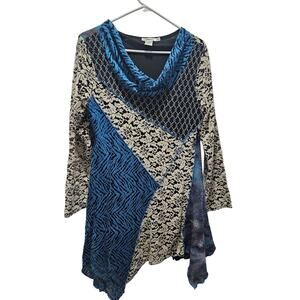 Feratelli Y2K Patchwork Asymmetrical Tunic Top Boho Wool Blue Black M Sweater